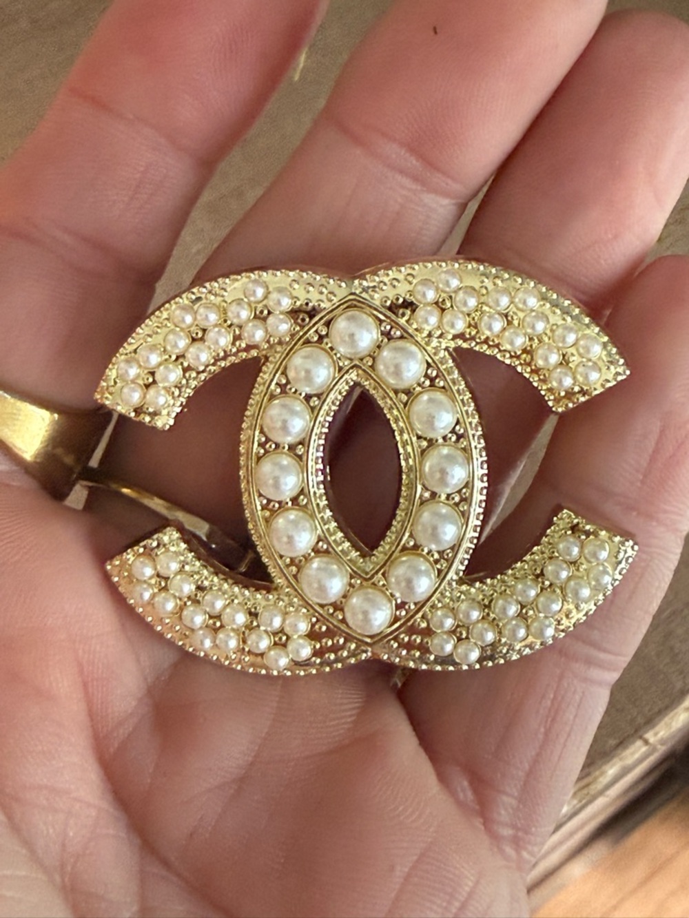 Gold Tone & Faux Pearl Double C Style Brooch – Classic Statement - Picture 5 of 7